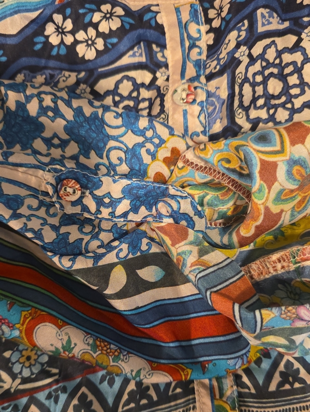 Johnny Was Multicolor Blue Paisley Patchwork Tunic Size L 100% SILK - Picture 4 of 6